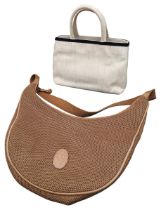 A SMALL NATURAL LINEN DOLLARGRAND BAG WITH BLUE VELVET TRIM WITH BROWN MESH HOBO BAG (2) Dollargrand
