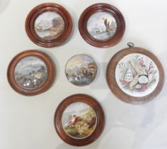 A SERIES OF FOUR PRATT WARE POT LIDS AND TWO OTHERS, the series of four as follows: 'Transplanting