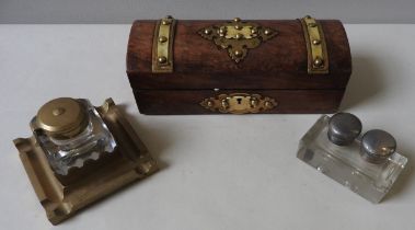 A 19TH CENTURY WALNUT DOME TOP BOX, with brass and bone inset mounts, along with two inkwell