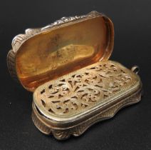 A SILVER GILT VINAIGRETTE BY NATHANIAL MILLS & SONS, rectangular cartouche form with bands of engine