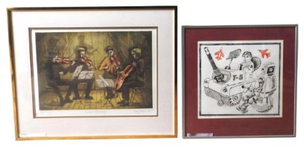 HILARY ADAIR (20TH CENTURY) 'QUARTET REHEARSING' LIMITED PRINT, signed and numbered 8/75 (30 x 42