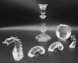 A BACCARAT LOCH NESS MONSTER,  made in four pieces, a Baccarat half apple and a Baccarat candlestick