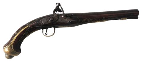 A TURKISH MARKET WIRE INLAID FLINTLOCK PISTOL, the steel action with engraved decoration and opposed