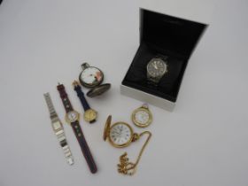 A SEIKO KENETIC TITANIUM WRISTWATCH, boxed but with wear, a Michel Jordi pocket watch, a damaged
