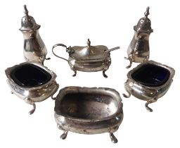A SIX PIECE SILVER CRUET SET, comprised of salt and pepper pots, mustard pot and three salt cellars,