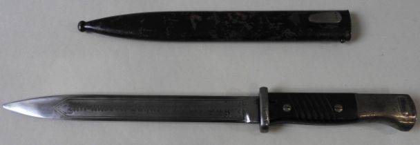 A GERMAN E.UF HORSTER K98 BAYONET AND SCABBARD, the blade etched 'Fallschirmjager Regiment No.1, Mit