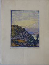 FRANCES HAMMEL GEARHART (1869-1958) MOUNTAIN LAKE SCENE WOODCUT IN COLOURS, signed in pencil in