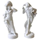A PAIR OF FRENCH BISCUIT PORCELAIN COURT FIGURES, 19TH CENTURY, modelled standing on circular