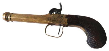 A BRASS FRAMED OCTAGONAL CANNON-BARELLED PERCUSSION PISTOL, the action engraved with naïve foliate