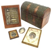 A VICTORIAN WALNUT BRASS BOUND DOME TOP STATIONERY BOX, CIRCA 1860, the hinged dome lid opening to