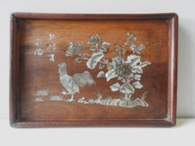 A CHINESE HARDWOOD TRAY INSET WITH MOTHER OF PEARL, rectangular galleried form with inset mother