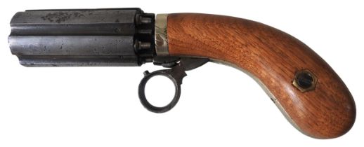 A RING-TRIGGER SIX-BARRELED PEPPERBOX PERCUSSION REVOLVER with nickel frame and wooden grip,
