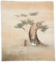 A JAPANESE PAINTED AND EMBROIDERED SILK PANEL EDO / MEIJI PERIOD, 19TH CENTURY depicting a old an