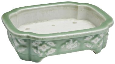 LARGE CELADON-GROUND AND WHITE SLIP JARDINIERE LATE QING DYNASTY of rectangular form, the sides