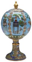 A FINE CHINESE TURQUOISE-GROUND CLOISONNE COVERED STEM VASE 20TH CENTURY the globular sides