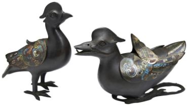 PAIR OF JAPANESE BRONZE AND CLOISONNE BIRD-FROM KORO'S LATE EDO PERIOD, MID 19TH CENTURY one