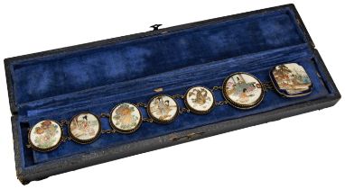 A JAPANESE SATSUMA FOURTEEN SECTION BELT MEIJI / TAISHO PERIOD the panels decorated in the typical