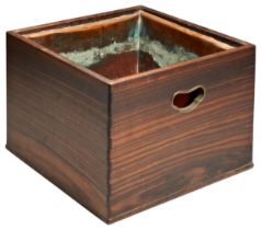 A JAPANESE WOOD HIBACHI LATE MEIJI / TAISHO PERIOD of square form with a copper liner 29cm wide