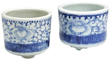 TWO CHINESE BLUE AND WHITE 'PEONY' CENSERS QING DYNASTY, 19TH CENTURY the cylindrical sides