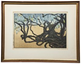 TOSHI YOSHIDA (1911-1995) 'WISTERIA AT USHIJIMA' woodcut colour print, signed in lower right