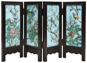 A HARDWOOD FAMILLE ROSE ENAMEL FOUR FOLD TABLE SCREEN LATE QING / REPUBLIC PERIOD each panel