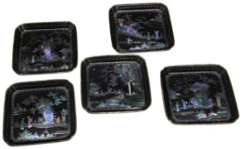 A SET OF FIVE SMALL LAC-BURGAUTE 'NARRATIVE' DISHES KANGXI PERIOD (1662-1722) each depicting