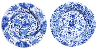 NEAR PAIR OF BLUE AND WHITE 'PHOENIX AND MONKEY' DISHES KANGXI PERIOD (1662-1722) of lobed