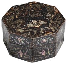 A MOTHER OF PEARL INLAID HEXAGONAL LACQUER BOX MING DYNASTY, 16TH / 17TH CENTURY the sides decorated