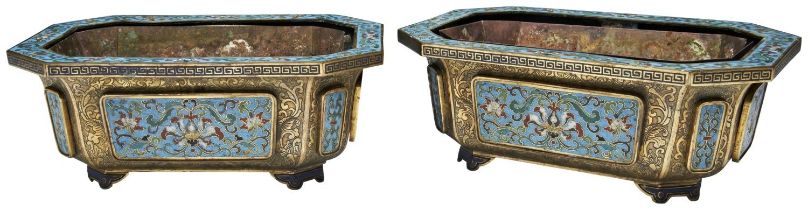 A FINE PAIR OF CHINESE CLOISONNE OCTAGONAL JARDINIERES, QIANLONG PERIOD (1736-1795) each applied