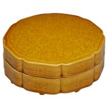 EXCEPTIONALLY RARE LEMON-GLAZED LOBED BOX AND COVER  KANGXI PERIOD (1662-1722)