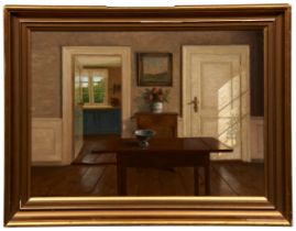 ADOLF ANDERSEN (20TH CENTURY) 'SUNLIT INTERIOR' oil on board, signed in lower left corner,