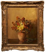 LEON RICHET (1847-1907) 'STILL LIFE' a study of flowers in an earthenware jug, oil on board,  signed