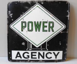 POWER AGENCY SIGN Single sided enamel sign with globe outline. 90 x 88cm wide.