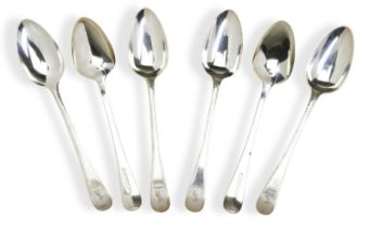 A SET OF SIX VERY CRISP FEATHER EDGE DESSERT SPOONS, WILDMAN SMITH, LONDON 1788.  Six dessert spoons