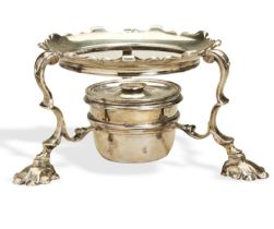 GEORGE II BURNER STAND, LONDON 1737. A cast silver warming frame and incorporated burned with a