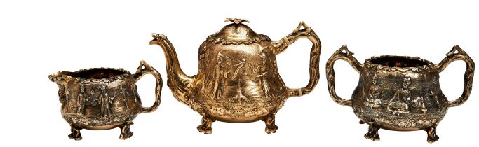 A THREE PIECE SILVER GILT TEA SET, SAMUEL WHITFORD, LONDON 1865. A good quality cast and embossed