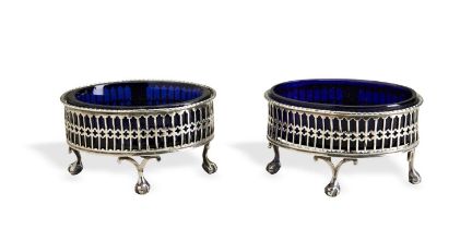 A PAIR OF PIERCED SALTS, SHEFFIELD 1773. A scarce pair of pierced salt cellars made and marked for