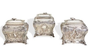 A PAIR OF TEA CADDIES & MATCHING SUGAR BOX, LONDON 1764. The three pieces of the set are each chased