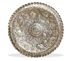 A LARGE CIRCULAR EMBOSSED SPANISH CHARGER. 18th/19th C. A large Spanish dish with mounts soldered to