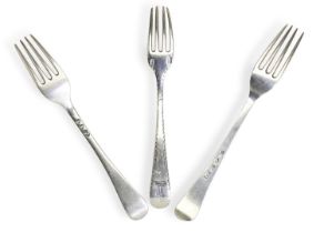 THREE UNUSUAL DESSERT FORKS, 18th & 19th C.  A Victorian Britannia Standard example, 1881. a