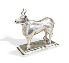 A SOUTH AMERICAN SILVER BULL, C.1900. A heavy  silver model of a bull, probably Argentinian and made