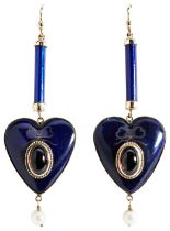 A PAIR OF LATE VICTORIAN BLUE ENAMEL GARNET AND PEARL PENDANT EARRINGS, CIRCA 1880 the blue enamel