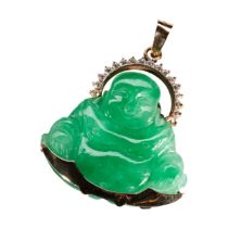 CARVED JADEITE BUDDHA PENDANT WITHIN A YELLOW GOLD MOUNT set with 17 small diamonds