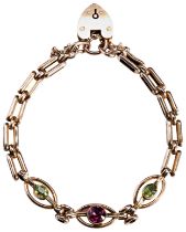 A TOURMALINE AND PERIDOT GOLD BRACELET, CIRCA 1890 the circular-cut pink tourmaline millegrain