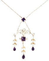 AN AMETHYST AND SEED PEARL PENDANT, CIRCA 1890 the square-cut amethyst millegrain collet set