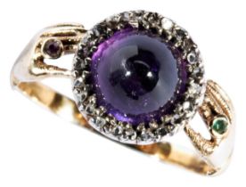 AN ANTIQUE AMETHYST AND DIAMOND FEDE RING  the round sugar loaf amethyst surrounded by rose cut,