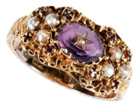 A VICTORIAN AMETHYST, SEED PEARL AND GOLD RING the oval amethyst plaque inset with a seed pearl