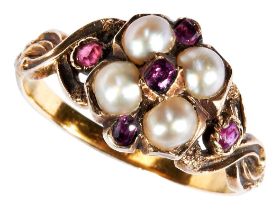 A PEARL AND RUBY MOURNING RING, CIRCA 1840 the four half pearls with circular-cut ruby highlights