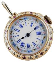 AN 18CT GOLD KEYLESS CYLINDER FOB WATCH cream enamel dial with floral border, in a circular case,
