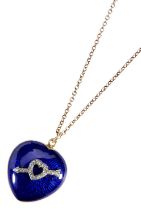 A VICTORIAN BLUE ENAMEL AND DIAMOND PENDANT LOCKET WITH GOLD CHAIN, CIRCA 1880 the blue enamelled